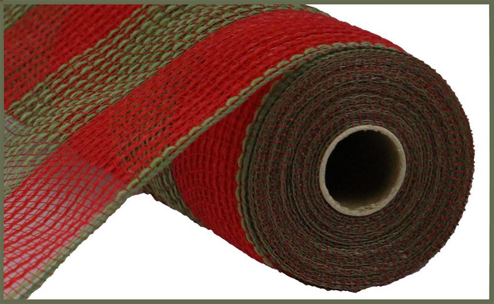 10.25"X10Yd Faux Jute/Pp Wide Stripe  Red/Moss Green  RY831458