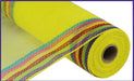 A 10.25 x 10-yard roll of yellow mesh fabric, made from faux jute, features border stripes in purple, green, red, hot pink, and turquoise. The design is set against a white background with a charming purple border. Model: RY8326K8.
