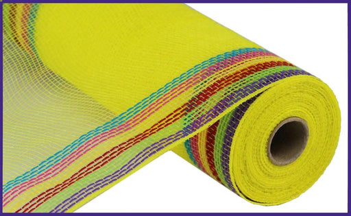 A 10.25 x 10-yard roll of yellow mesh fabric, made from faux jute, features border stripes in purple, green, red, hot pink, and turquoise. The design is set against a white background with a charming purple border. Model: RY8326K8.