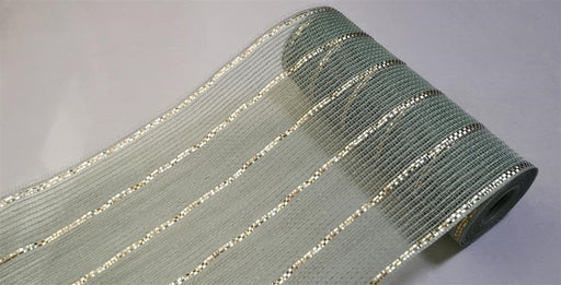 The 10.25X10Yd Poly/Jute/Metallic Mesh in Sage/Matte Gold (RY8329W5) features horizontal matte gold stripes on sage mesh, creating a semi-transparent fabric that adds elegance to any setting.