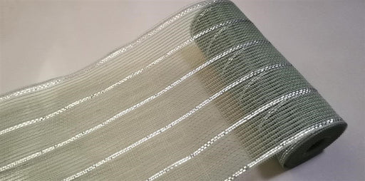 The 10.25X10Yd Poly/Jute/Metallic Mesh Sage/Matte Silver RY8329W6 is a sheer, lightweight fabric roll with semi-transparent horizontal sage and matte silver stripes on a light background, offering a subtle shimmer from its metallic accents.
