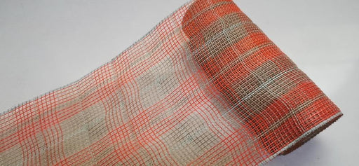 A roll of 10.25 x 10 yd Faux Jute/Large Plaid Mesh in orange, natural, and sage (RY8331X5), partially unrolled on a plain light surface.