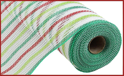 The 10.25X10Yd Faux Jute Stripe Mesh features horizontal bands in white, red, and green hues with a solid green border. Neatly rolled, this decorative mesh adds a touch of elegance to any setting.
