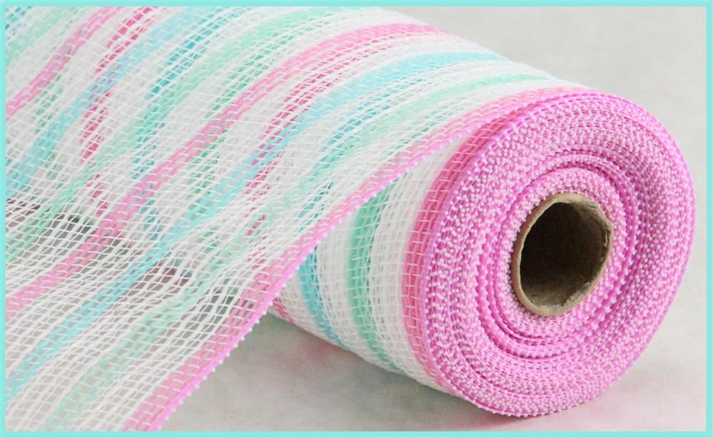 10.25"X10Yd Faux Jute Stripe Mesh  Lt Blue/Mint/Lt Pink/White  RY8338AT