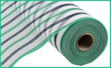 A partially unrolled 10.25X10Yd Faux Jute Stripe Mesh in white, emerald, and navy (RY8338CC), featuring alternating stripes and reinforced green stitching, is displayed against a white background.