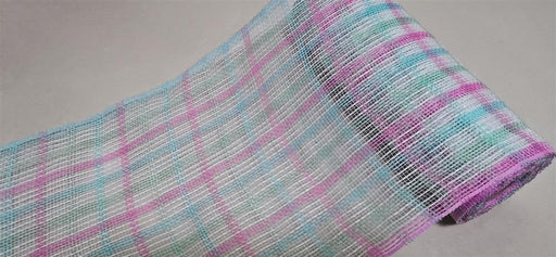 The 10.25x10Yd Faux Jute Check Mesh in Light Blue, Mint, Light Pink, and White (RY8339AT) is shown against a light gray background displaying its plaid pattern.