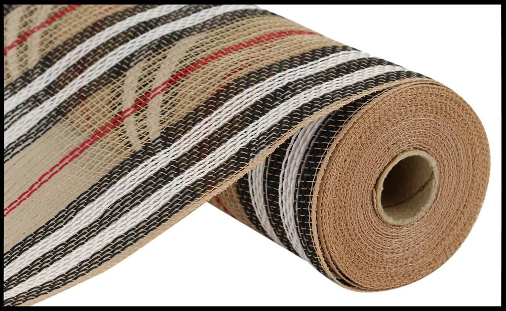 10.25"X10Yd Jute Stripe Mesh  Natural/Black/White/Red  RY8342