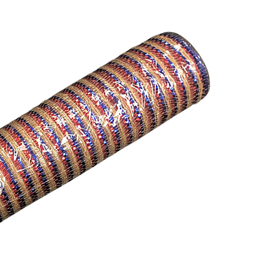 The 10 Red Natural Blue Thin Stripe Mesh XB102610-15, wrapped in clear plastic, features an elegant red, blue, and gold diagonal stripe design that adds a vibrant touch to any special occasion.