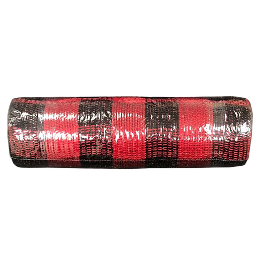 The 10 Red Black Buffalo Plaid Fabric Mesh XB103110-13 features a classic red and black Buffalo plaid pattern, made from durable polypropylene polyester.