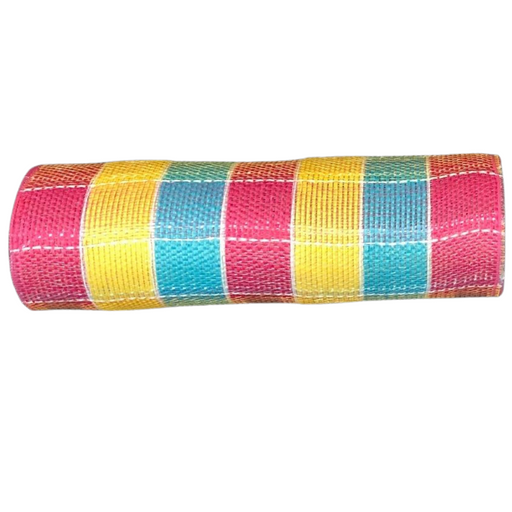 A 10 plaid mesh ribbon named XB104010-28 features a vibrant pattern with fuchsia, daffodil, and turquoise sections.