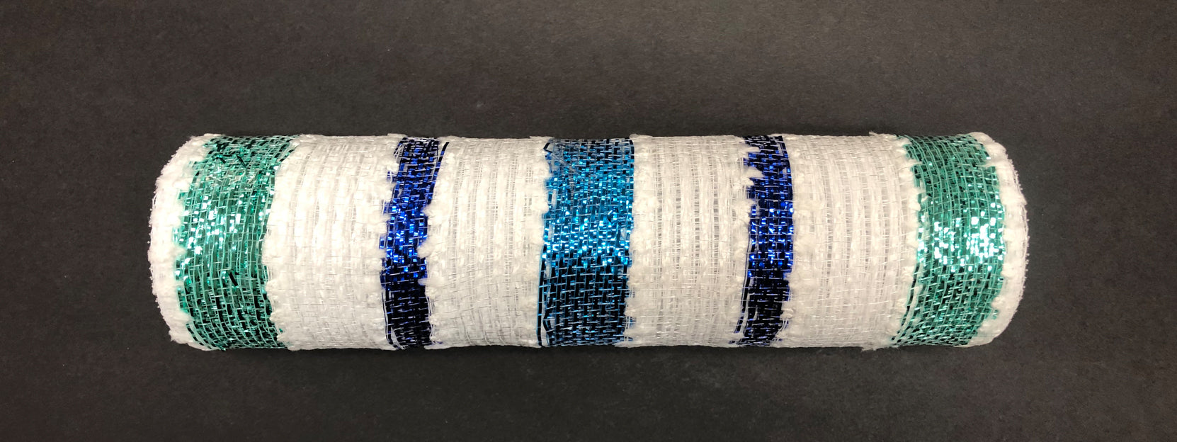 A White-Blue Stripe Snowball Mesh, 10X10Y, XB106110-45 features a cylindrical design enveloped in woven, sparkly fabric with alternating Aqua and Turquoise Stripes on a dark background.