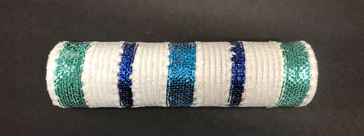 A White-Blue Stripe Snowball Mesh, 10X10Y, XB106110-45 features a cylindrical design enveloped in woven, sparkly fabric with alternating Aqua and Turquoise Stripes on a dark background.