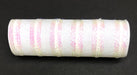 A white cylindrical mesh roller with vibrant fuzzy pink stripes contrasts a black backdrop. This 10X10Y White-Wide Irid-Fuzzy Stripe Mesh, XB107310-01, elegantly spans 10 yards of craftsmanship.