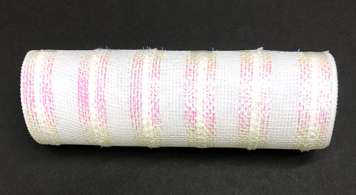 A white cylindrical mesh roller with vibrant fuzzy pink stripes contrasts a black backdrop. This 10X10Y White-Wide Irid-Fuzzy Stripe Mesh, XB107310-01, elegantly spans 10 yards of craftsmanship.