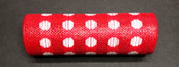 A Polka Dot Red-White Woven Mesh, 10X10Y (XB108410-13) foam roller, with white dots, lies horizontally on a dark surface.