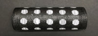 The Polka Dot Black-White Woven Mesh, 10X10Y Mesh XB108410-21, a cylindrical object with a black textured surface and evenly spaced white polka dots, is placed on a dark background.