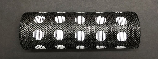 The Polka Dot Black-White Woven Mesh, 10X10Y Mesh XB108410-21, a cylindrical object with a black textured surface and evenly spaced white polka dots, is placed on a dark background.