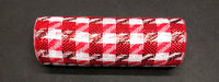 The Houndstooth Red-White Woven Mesh, 10X10Y Mesh XB108910-12, stands elegantly against a dark background, featuring a cylindrical shape with a red-white checkered houndstooth pattern.
