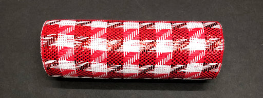 The Houndstooth Red-White Woven Mesh, 10X10Y Mesh XB108910-12, stands elegantly against a dark background, featuring a cylindrical shape with a red-white checkered houndstooth pattern.