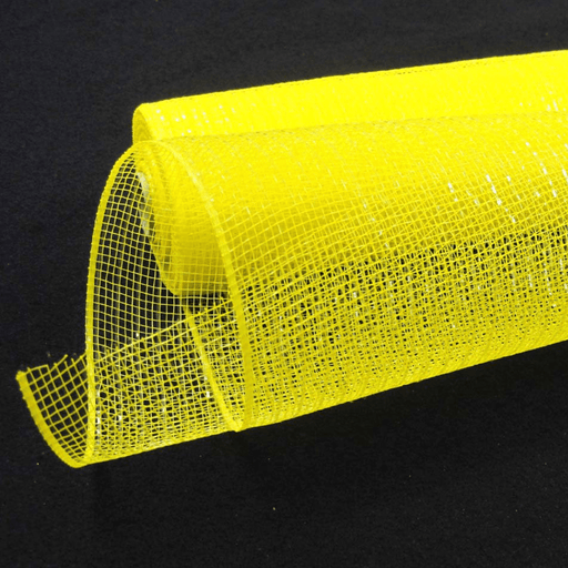 The partially unrolled 10 Daffodil Iridescent Metallic Foil Mesh XB90510-22 with a fine grid pattern glimmers on a black background.
