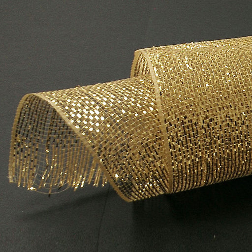 A partially unrolled roll of 10" Gold Metallic All Foil Mesh XB94210-15 rests on a dark surface. The shimmering gold mesh, composed of polypropylene, features a textured grid-like pattern that beautifully reflects light, creating a sparkling appearance.