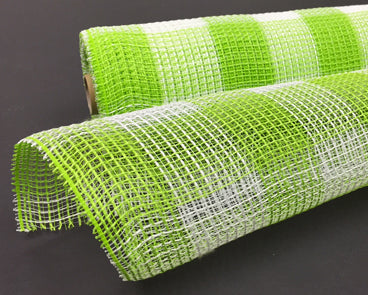 Two 10X10Y rolls of fabric mesh, XB99010-09, feature alternating bright lime and white plaid against a dark background.