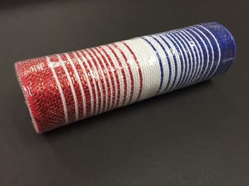 A bundle of 10X10Y Red-White-Blue Metallic Ombre Mesh (XB99110-01) shimmers with a red, white, and blue pattern. Wrapped in clear plastic on a sleek black surface, the mesh catches the light beautifully.
