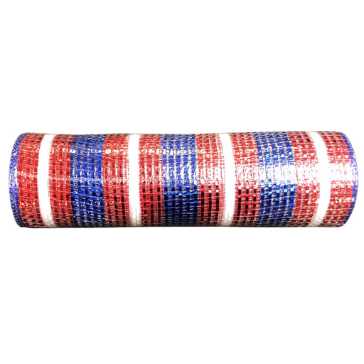 A 10 Red White Blue All Metallic Mesh XB99210-74 sack with horizontal red, white, and blue stripes, rolled up against a white background.