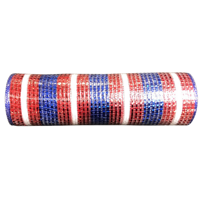A 10 Red White Blue All Metallic Mesh XB99210-74 sack with horizontal red, white, and blue stripes, rolled up against a white background.