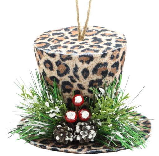 The 5Dia Leopard Print Hat Ornament (Tan/Black/Brown XJ4346) features faux pine branches, mini pine cones, red berries, and white accents in brown, black, and tan tones, hanging by a brown string.