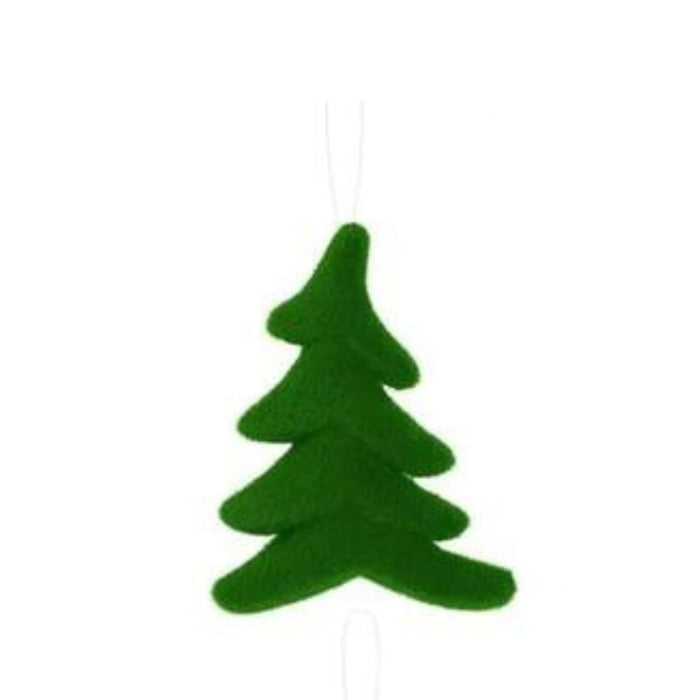 A 7-inch-high by 5.5-inch-long flocked whimsical tree from the XJ449199 collection, available in six assorted bright colors, hangs on a string against a pristine white background.
