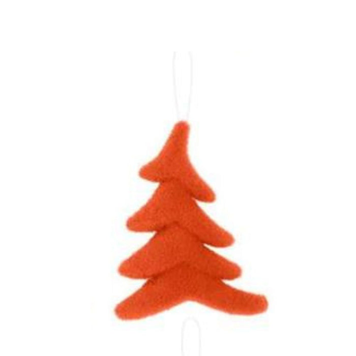 A whimsical flocked ornament, shaped like a 7"Hx5.5"L Christmas tree in bright red from the XJ449199 collection, is set against a white background, adding charm and contrast.