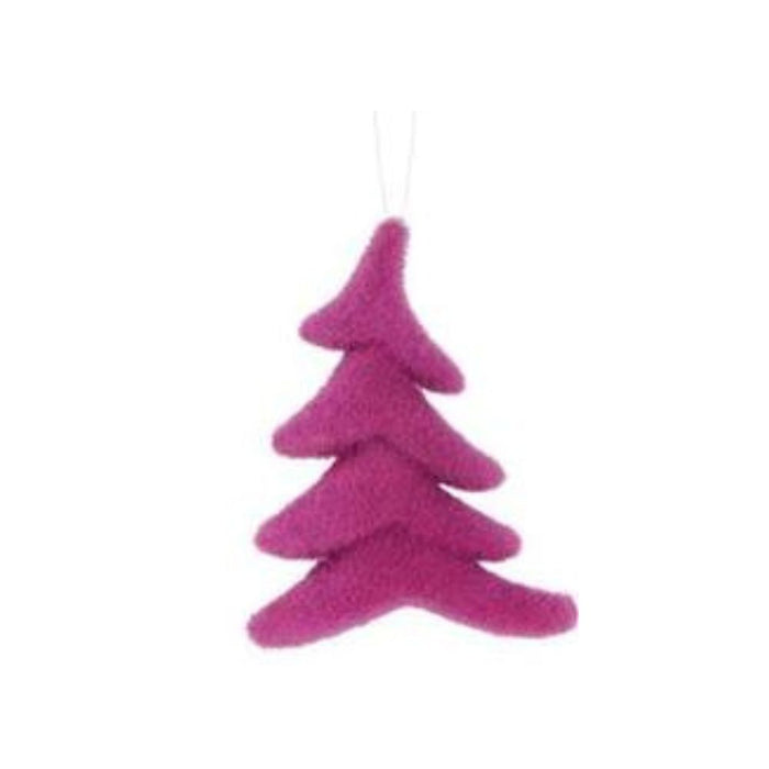 The 7"Hx5.5"L Flocked Whimsical Tree ornament in magenta, from the XJ449199 collection, stands out on a plain white background with its plush texture and simple abstract design, adding a captivating whimsical touch.