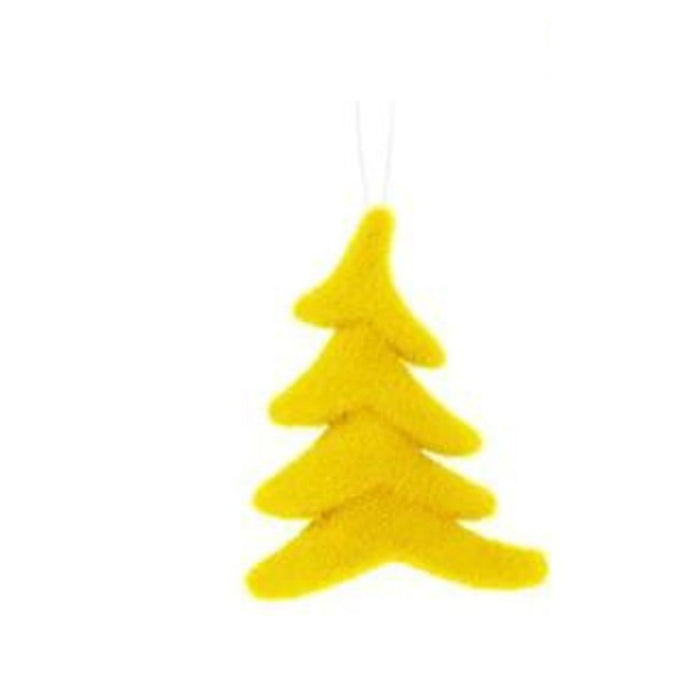 A 7"Hx5.5"L Flocked Whimsical Tree ornament, available in six assorted bright colors, hangs by a thin string and showcases a simple, stylized tree shape with three layers.