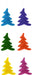 The 7"Hx5.5"L Flocked Whimsical Tree ornaments, product XJ449199, come in a set of six assorted bright colors: blue, purple, green, orange, yellow, and pink. Each ornament features a convenient loop at the top for easy hanging and are neatly arranged in two columns.