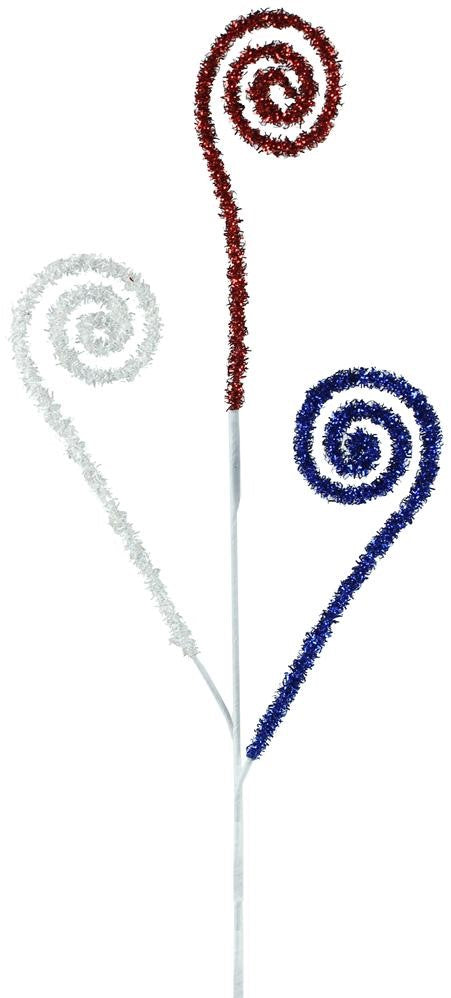 The 28"L Folded Foil Curls Spray (XS603736) features three decorative spiral stems, each measuring 28 inches in length, with one in red, one in white, and one in blue. These stems resemble swirled candy with folded foil curls.