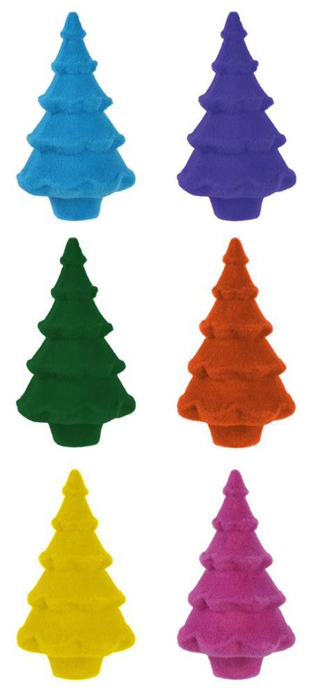 The 12"Hx7"Dia Flocked Full Tree set, model XT859099, includes six Christmas tree-shaped objects in vibrant assorted colors arranged in two vertical rows. The left column displays blue, green, and yellow trees, while the right showcases purple, orange, and pink. Each tree features a textured surface perfect for festive displays.