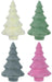 Arranged in a 2x2 grid on a white background, this festive display features the 14"Hx9"Dia Flocked Full Tree in a set of four vintage colors: white, sage green, grey, and pink. Each plush tree showcases a simple, layered design reminiscent of stylized pine trees. The flocked full tree effect lends an elegant charm to the overall presentation.