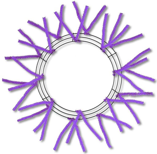 The 24 Pencil Wreath Purple Non-Metallic (XX750423) features a circular black frame with evenly spaced purple pipe cleaners that create a sunburst effect, leaving the center open to beautifully reveal the background.