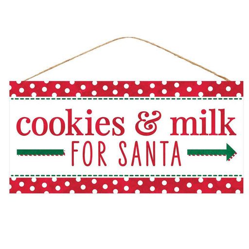 The 12.5" Cookies & Milk for Santa Christmas Sign (AP7025) is a delightful decoration featuring red and white polka dots with "COOKIES & MILK FOR SANTA" written in festive red and green text, complete with an arrow pointing to the right. It hangs gracefully from a slender rope.