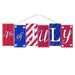 The 14 4th of July Block Sign AP7038 showcases vertical panels with 4th of JULY in red, white, and blue adorned with star and stripe patterns, embodying a patriotic theme.