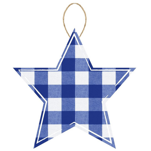 The 12 Blue Light Blue White Plaid Star Sign (AP858403) is a star-shaped ornament made from MDF, showcasing a blue and white plaid pattern. It features a thin rope at the top for easy hanging.