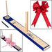 The EZ BowMaker set includes a blue and beige board, three stick poles, and a red bow for crafting. Two smaller images highlight its versatility: one with pink ribbons around the board and another without the bow.