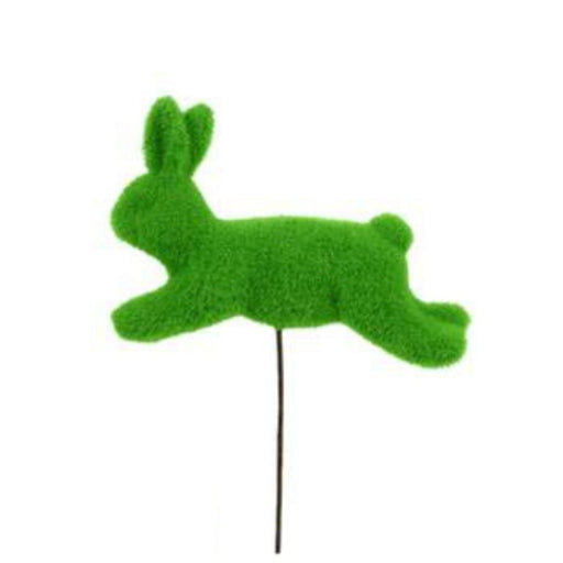 The 17" OAL x 8.5" L x 6" H Flocked Rabbit Pick, available in six assorted bright colors (HE722799), is a decorative plush bunny with a supportive stick, featuring a soft and textured surface in a leaping pose. Its playful design brings charm to any space.