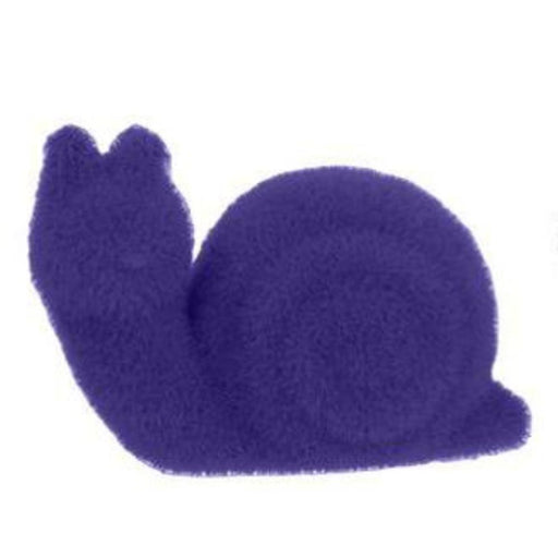 A 5.5"L x 3.75"H flocked snail figure, made from polystyrene nylon, shown here in purple with a spiral shell and two short antennae, set against a white background; also available in six assorted colors: purple, pink, black, green, turquoise, and orange (HE723699).