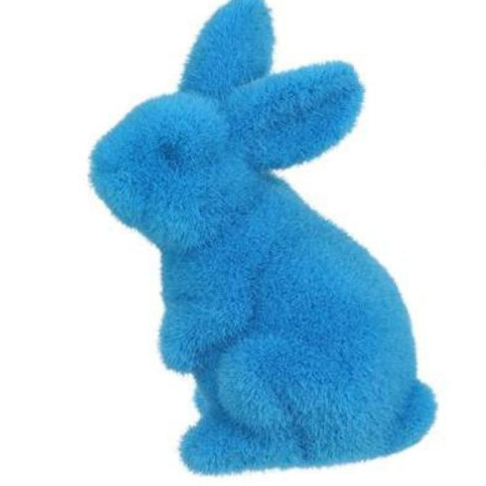 The 6Hx3.5L Flocked Standing Rabbit (HE724099) in soft turquoise is pictured upright with perked ears, showcasing its fuzzy texture against a plain white backdrop.