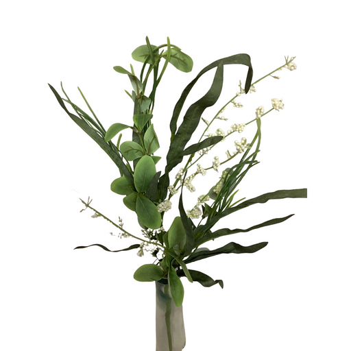 A 20 Mixed Eucalyptus Berry 62869 arrangement boasts lush green leaves, mixed eucalyptus, and delicate white flowers in a clear vase against a white backdrop.