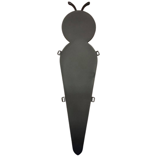 An overhead view of the black Plastic Insect Butterfly Body Board backpack, shaped like an insect with a round head, oval body, and a tapered tail, featuring side straps and buckles. Crafted from recycled plastic.