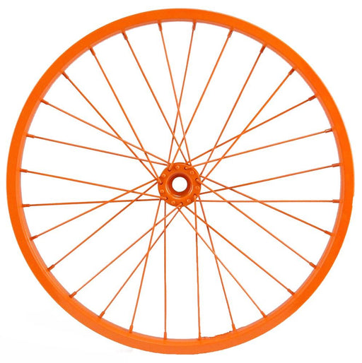 The 16.5 Orange Bicycle Wheel MD050720, with elegantly radiating multiple spokes from the center hub to the decorative rim, is showcased against a pristine white background.