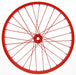 The 16.5 Red Bicycle Wheel MD050824, made of aluminum with symmetrically arranged multiple spokes around a central hub, serves both functional and decorative purposes against a white background.